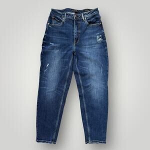 GUESS Women’s Mom Jeans Tapered High Blue Distressed Size 30 Eco Jeanologia